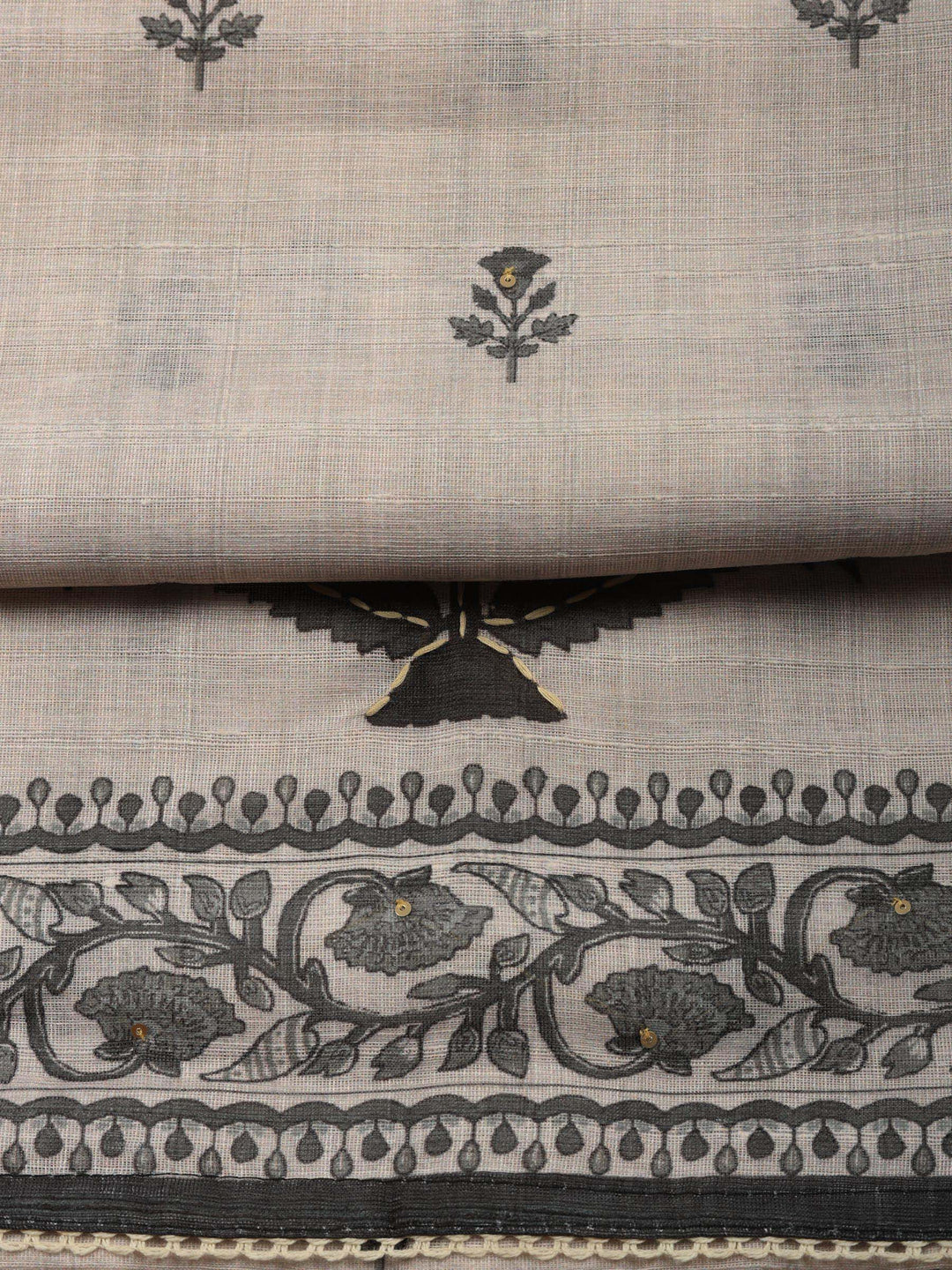 Beige Floral Print Linen Blend Unstitched Suit &amp; Pant With Linen Dupatta