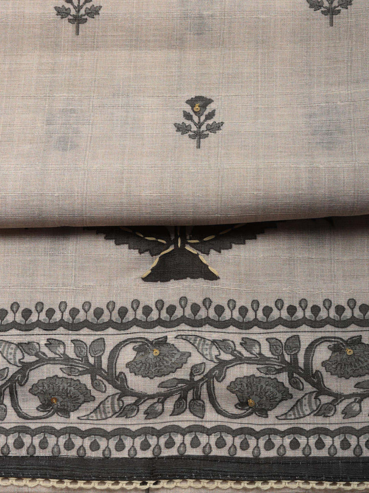 Beige Floral Print Linen Blend Unstitched Suit &amp; Pant With Linen Dupatta