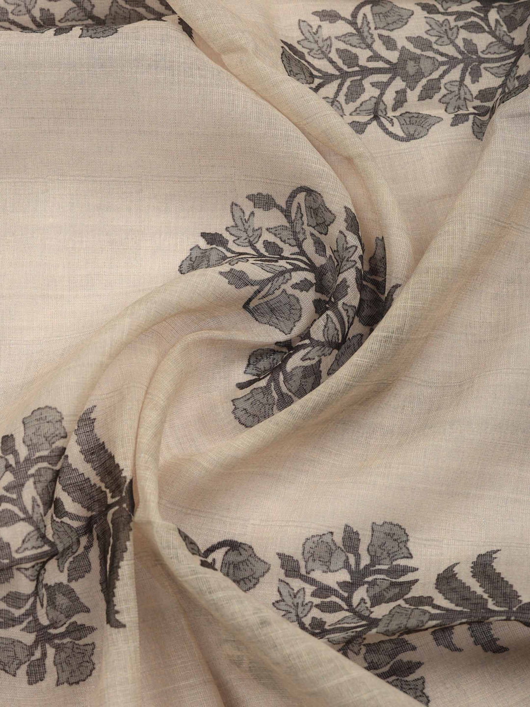 Beige Floral Print Linen Blend Unstitched Suit &amp; Pant With Linen Dupatta