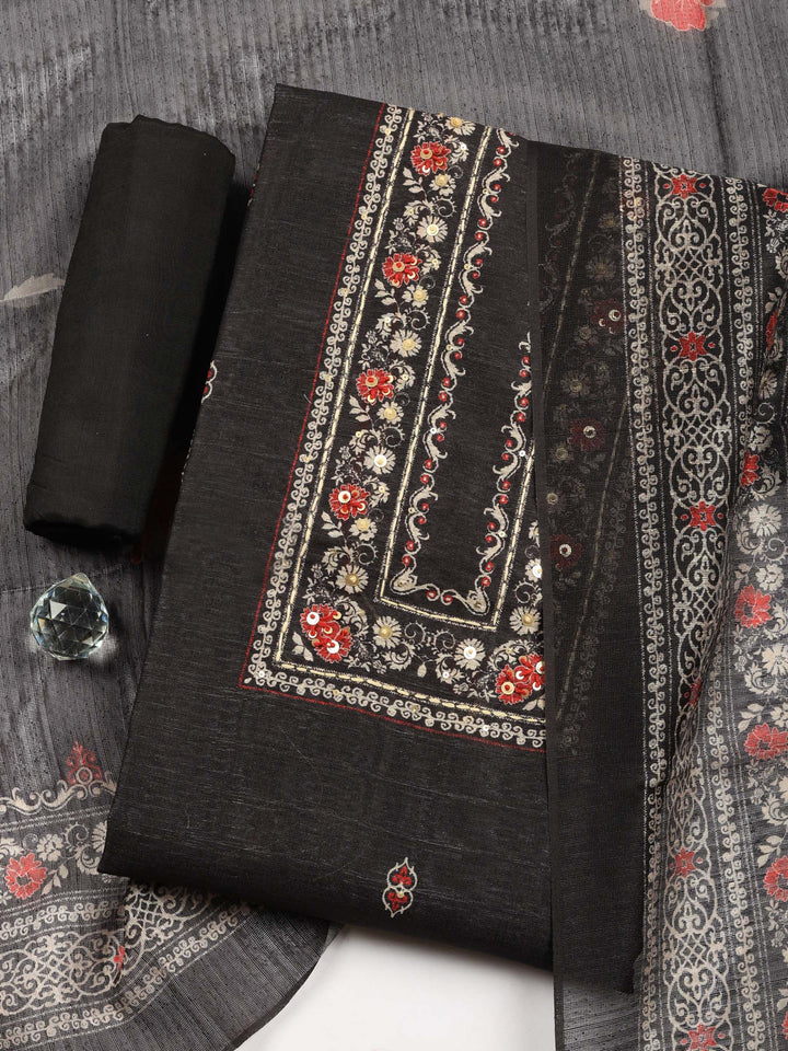 Black Printed Chanderi Unstitched Suit &amp; Pant With Chanderi Dupatta