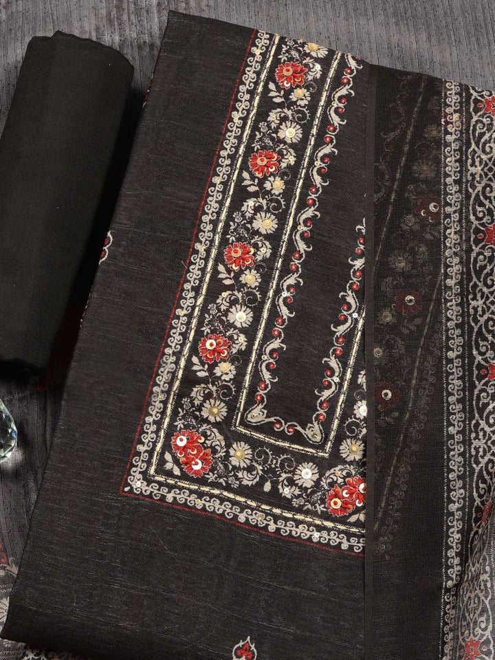 Black Printed Chanderi Unstitched Suit &amp; Pant With Chanderi Dupatta