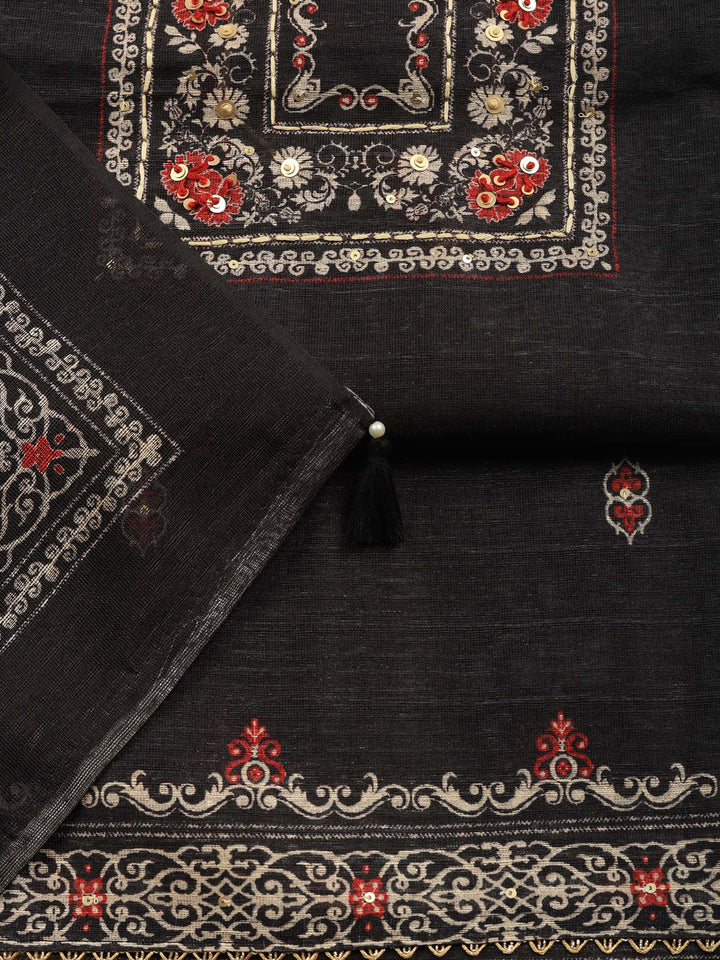 Black Printed Chanderi Unstitched Suit &amp; Pant With Chanderi Dupatta