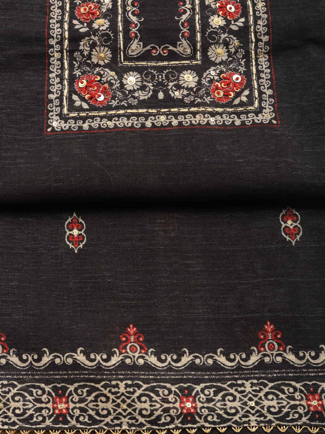 Black Printed Chanderi Unstitched Suit &amp; Pant With Chanderi Dupatta