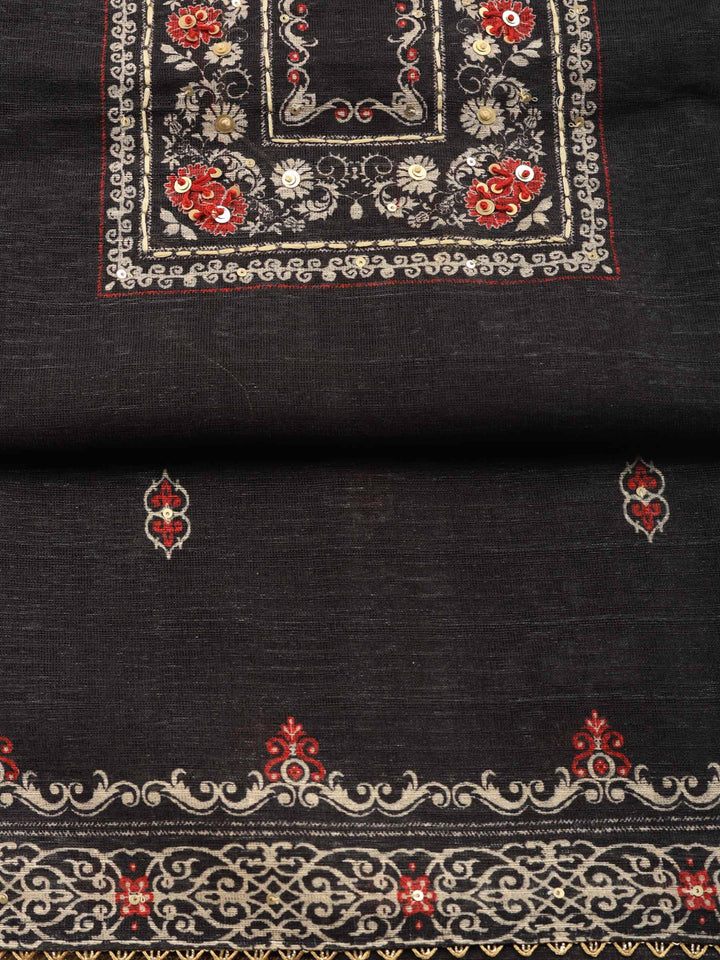 Black Printed Chanderi Unstitched Suit &amp; Pant With Chanderi Dupatta