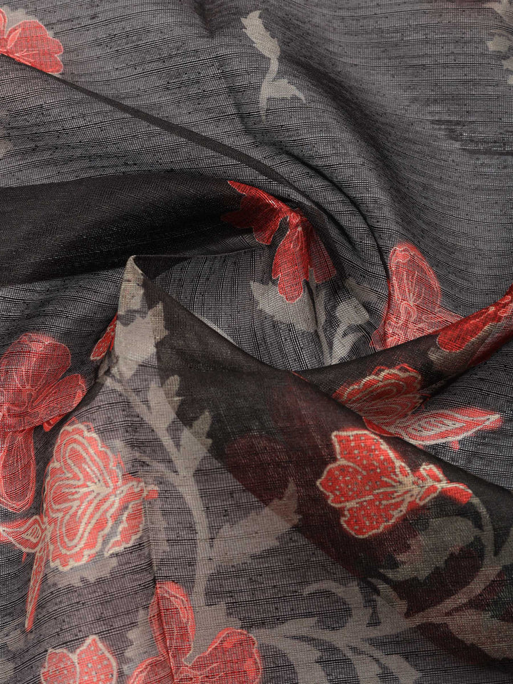 Black Printed Chanderi Unstitched Suit &amp; Pant With Chanderi Dupatta
