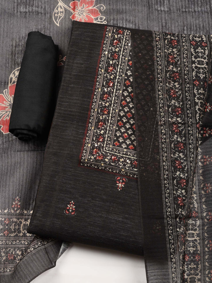 Black Printed Chanderi Unstitched Suit &amp; Pant With Chanderi Dupatta