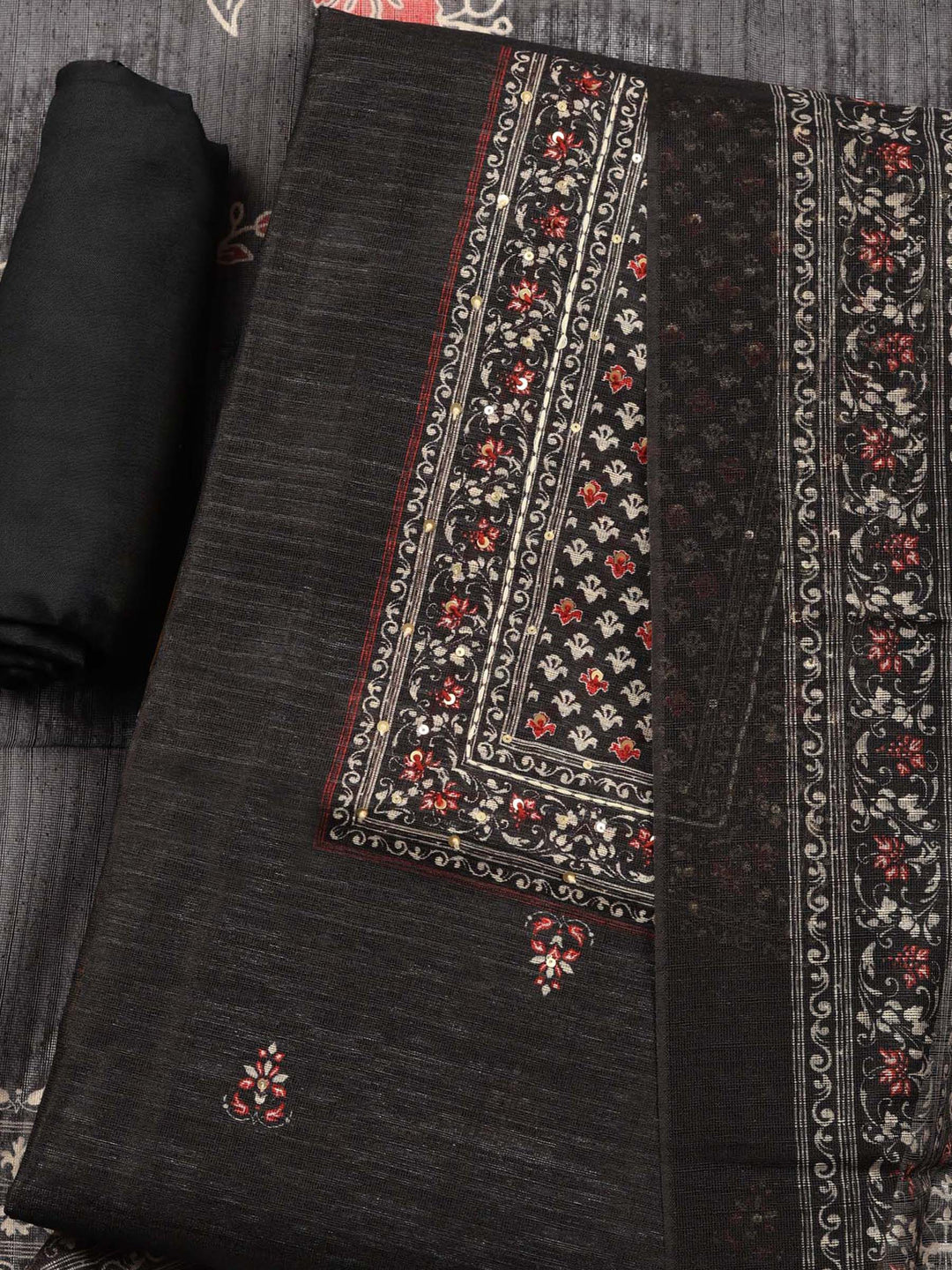 Black Printed Chanderi Unstitched Suit &amp; Pant With Chanderi Dupatta