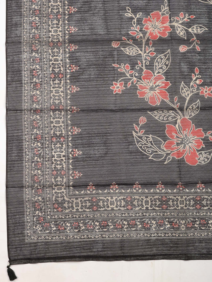 Black Printed Chanderi Unstitched Suit &amp; Pant With Chanderi Dupatta
