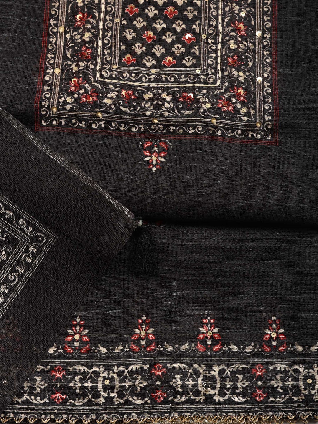 Black Printed Chanderi Unstitched Suit &amp; Pant With Chanderi Dupatta