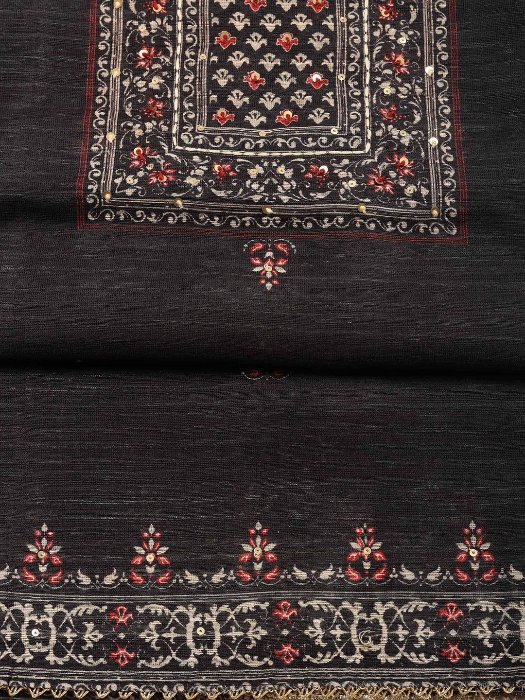Black Printed Chanderi Unstitched Suit &amp; Pant With Chanderi Dupatta
