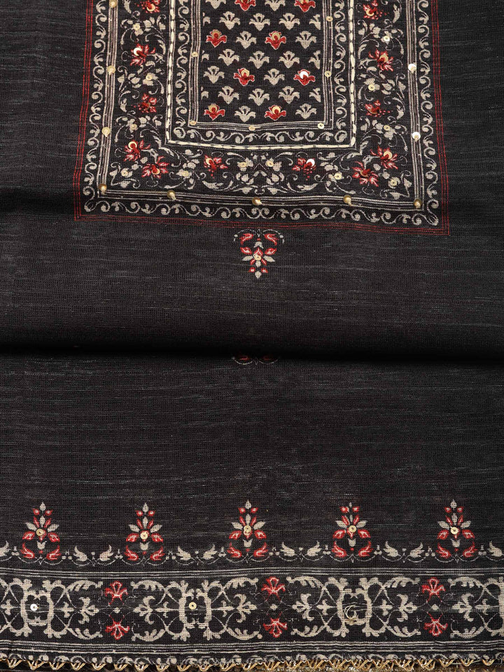 Black Printed Chanderi Unstitched Suit &amp; Pant With Chanderi Dupatta