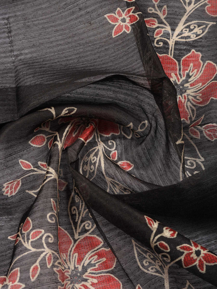 Black Printed Chanderi Unstitched Suit &amp; Pant With Chanderi Dupatta