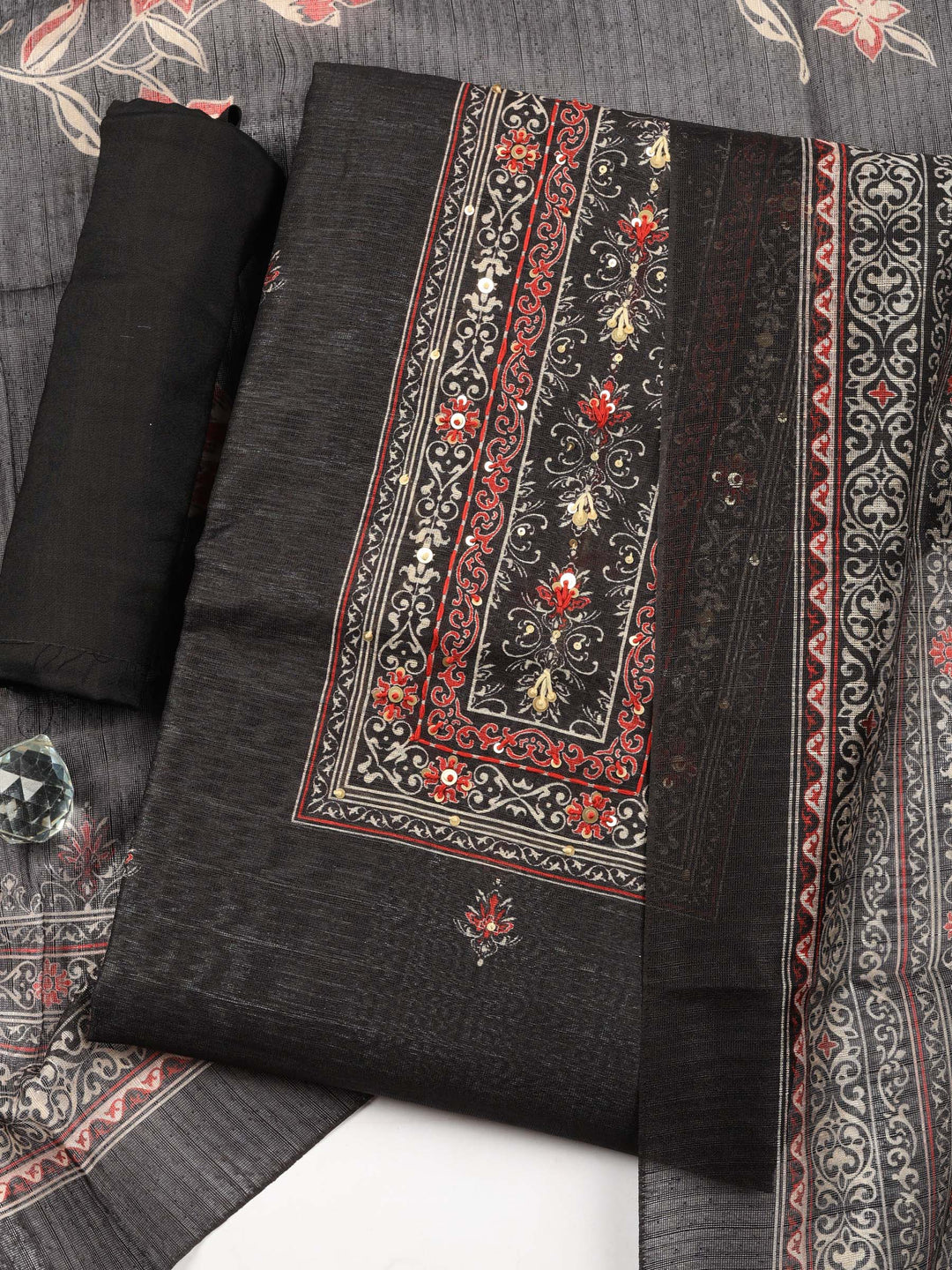 Black Printed Chanderi Unstitched Suit &amp; Pant With Chanderi Dupatta
