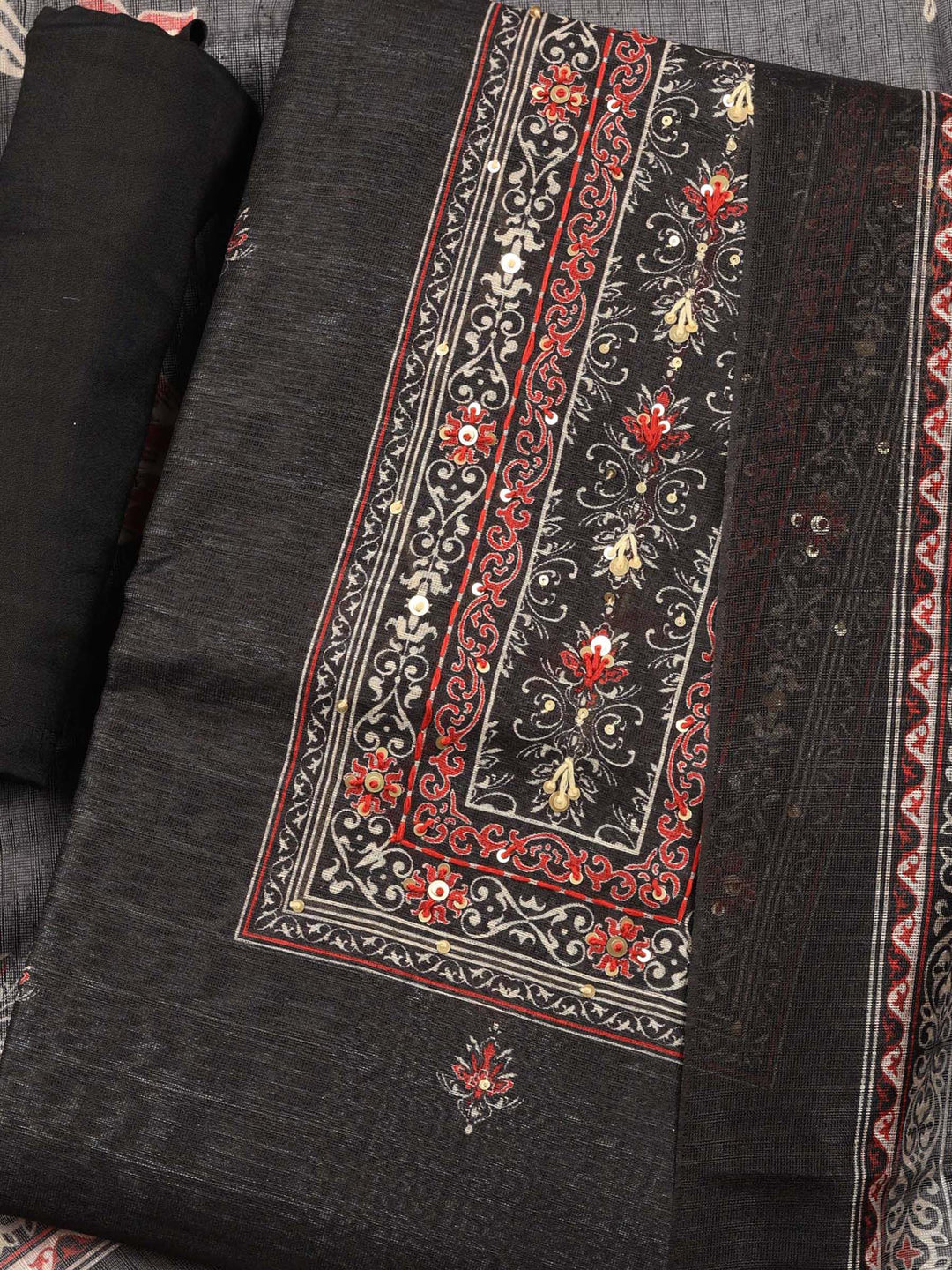 Black Printed Chanderi Unstitched Suit &amp; Pant With Chanderi Dupatta