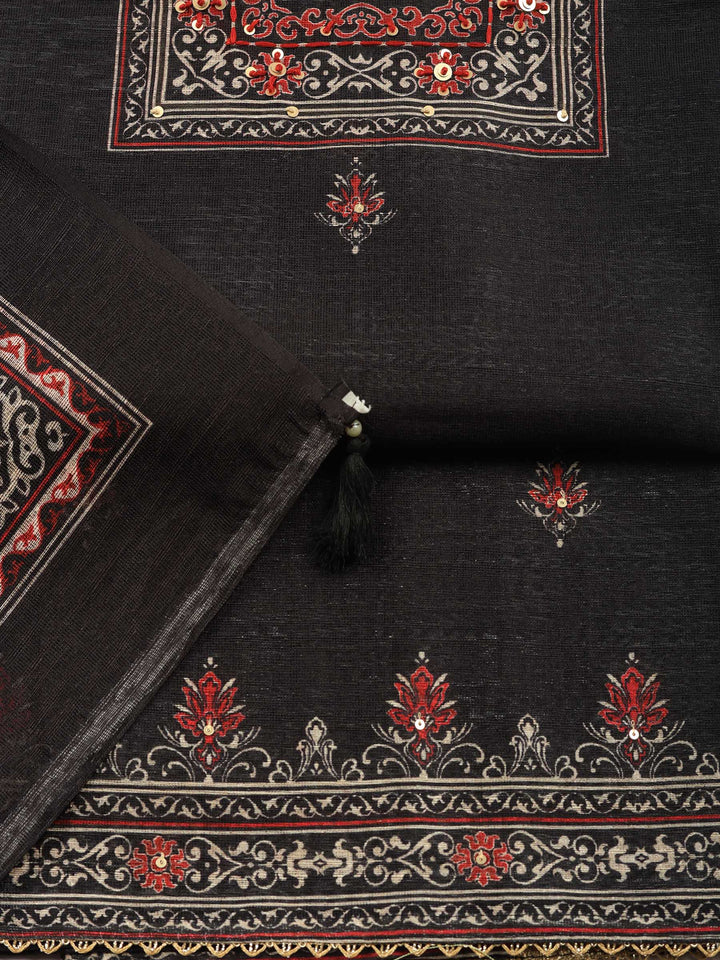Black Printed Chanderi Unstitched Suit &amp; Pant With Chanderi Dupatta