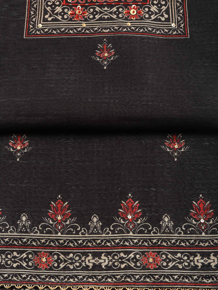 Black Printed Chanderi Unstitched Suit &amp; Pant With Chanderi Dupatta