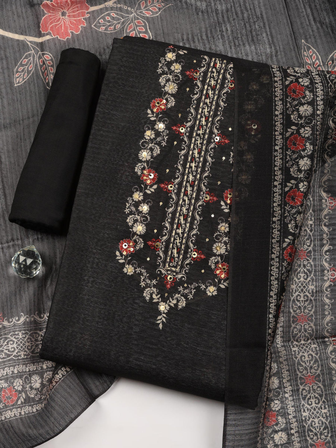 Black Printed Chanderi Unstitched Suit &amp; Pant With Chanderi Dupatta