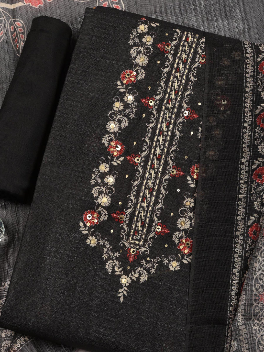 Black Printed Chanderi Unstitched Suit &amp; Pant With Chanderi Dupatta