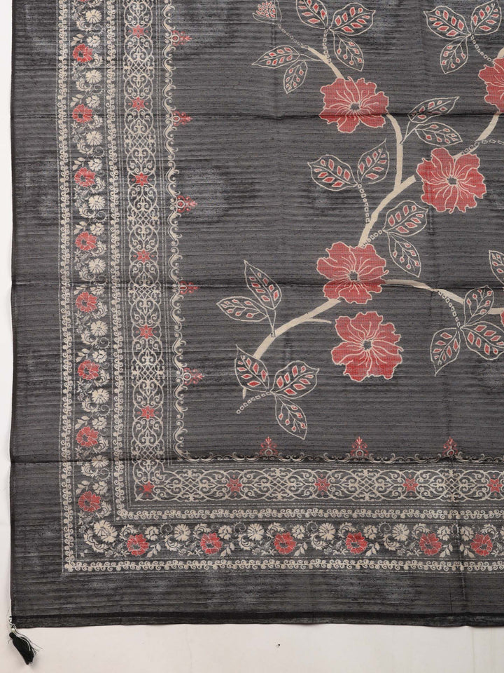 Black Printed Chanderi Unstitched Suit &amp; Pant With Chanderi Dupatta