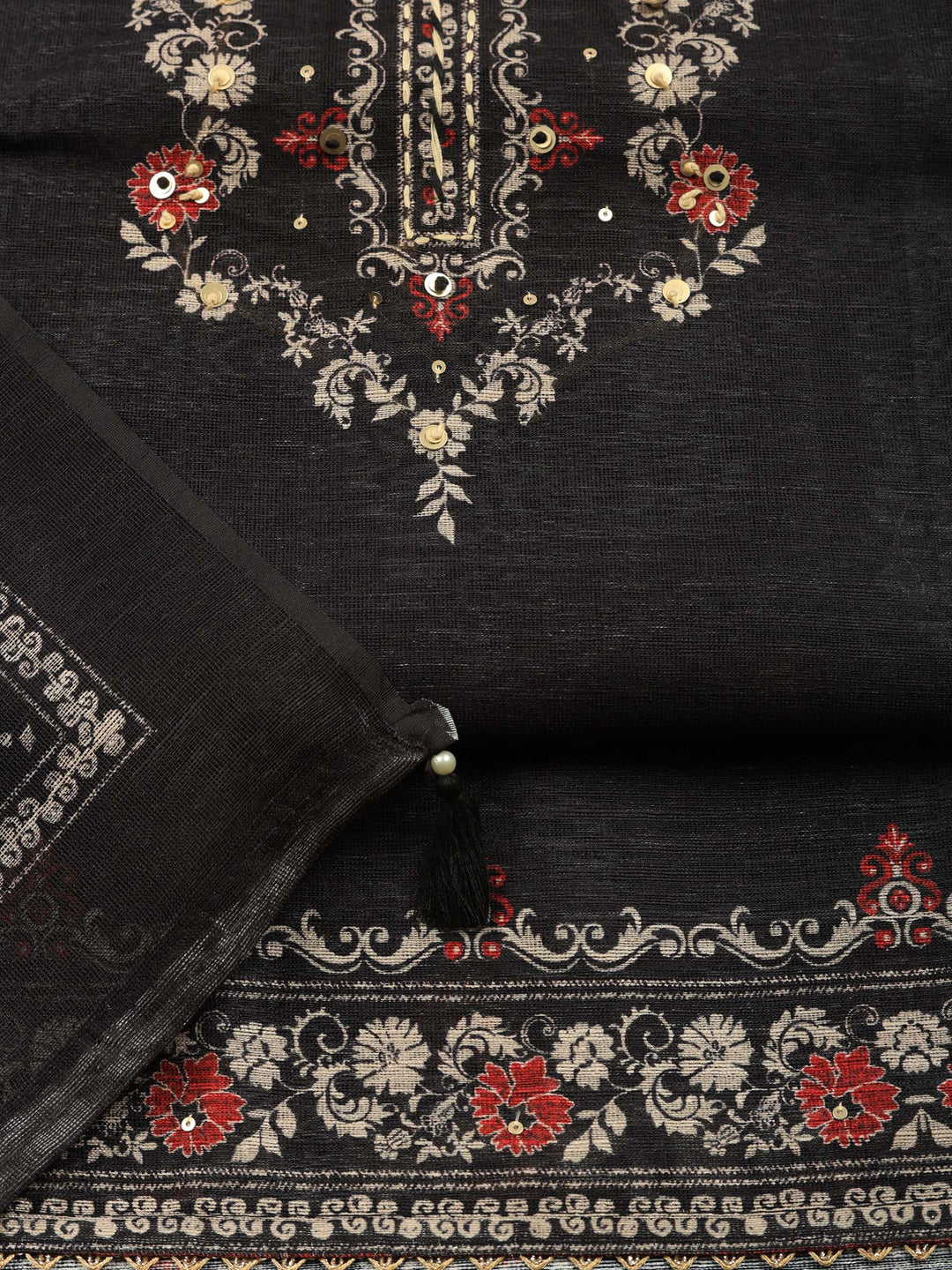 Black Printed Chanderi Unstitched Suit &amp; Pant With Chanderi Dupatta