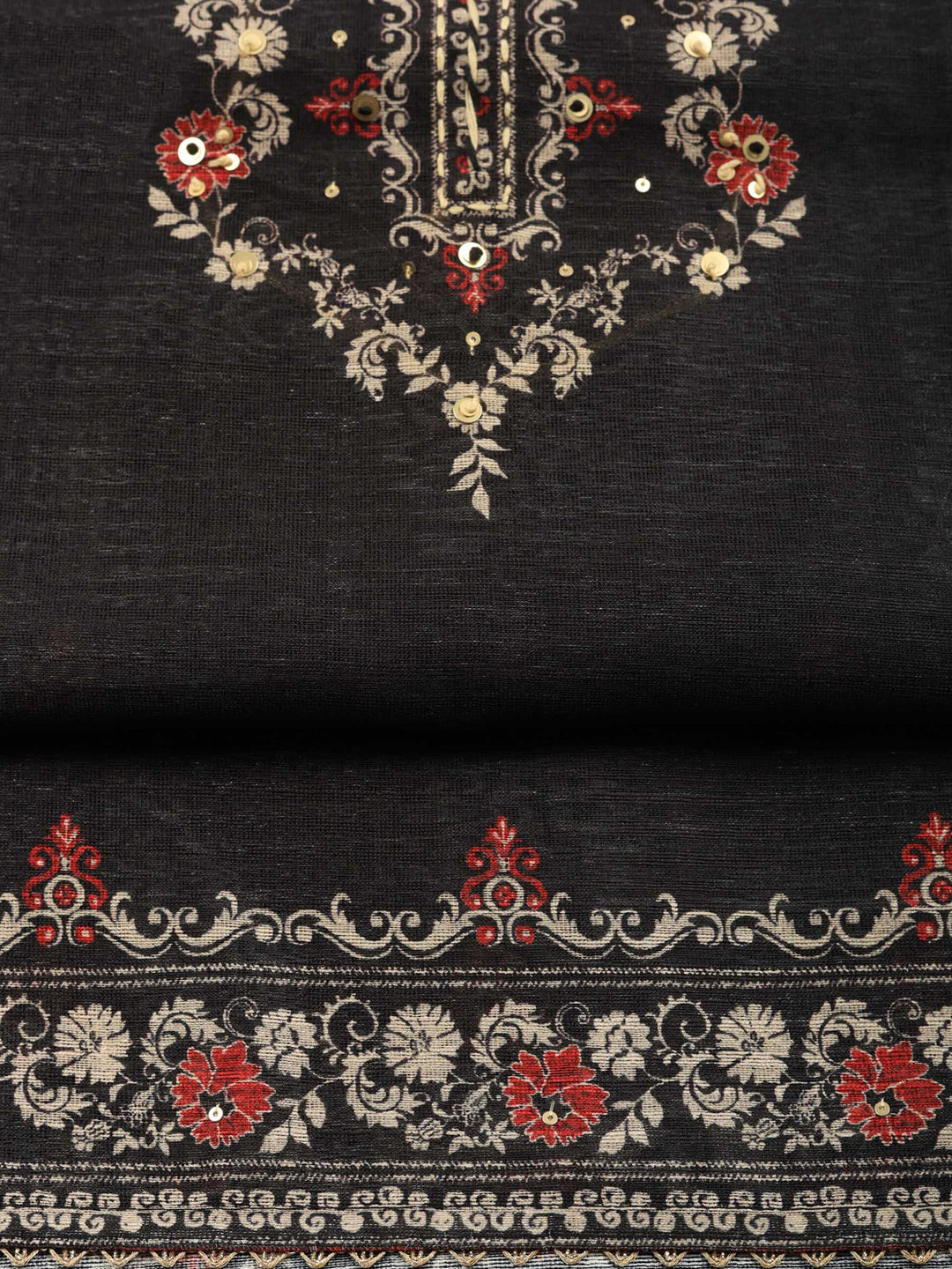 Black Printed Chanderi Unstitched Suit &amp; Pant With Chanderi Dupatta