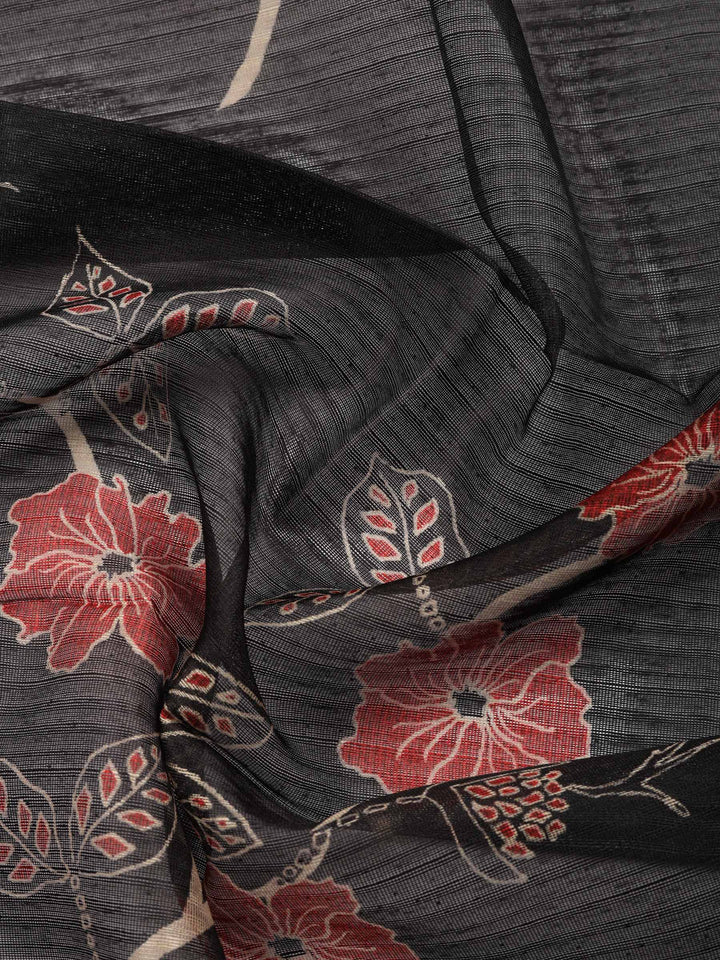 Black Printed Chanderi Unstitched Suit &amp; Pant With Chanderi Dupatta