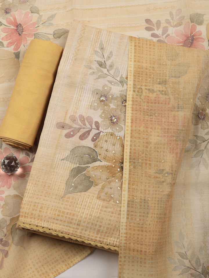 Beige Floral Print Linen Blend Unstitched Suit &amp; Pant With Linen Dupatta