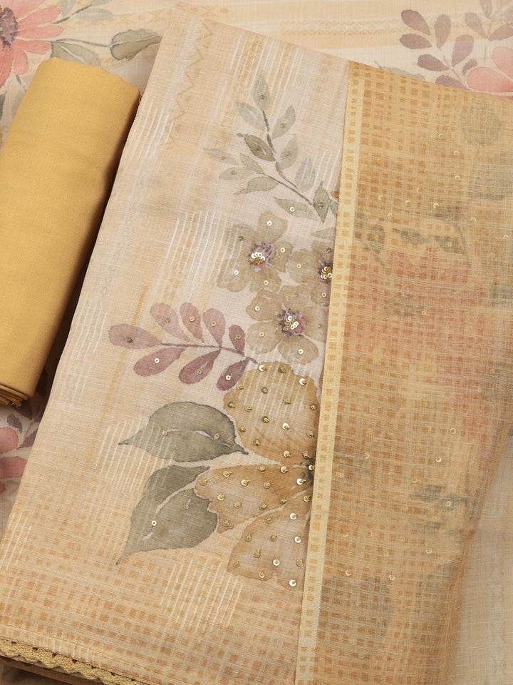 Beige Floral Print Linen Blend Unstitched Suit &amp; Pant With Linen Dupatta