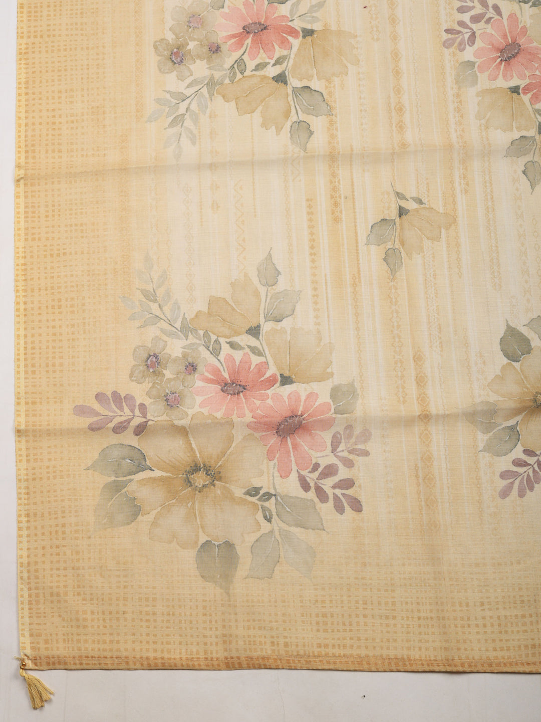 Beige Floral Print Linen Blend Unstitched Suit &amp; Pant With Linen Dupatta
