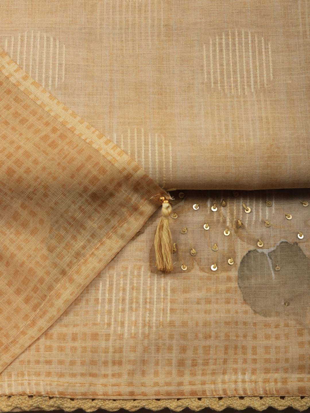 Beige Floral Print Linen Blend Unstitched Suit &amp; Pant With Linen Dupatta