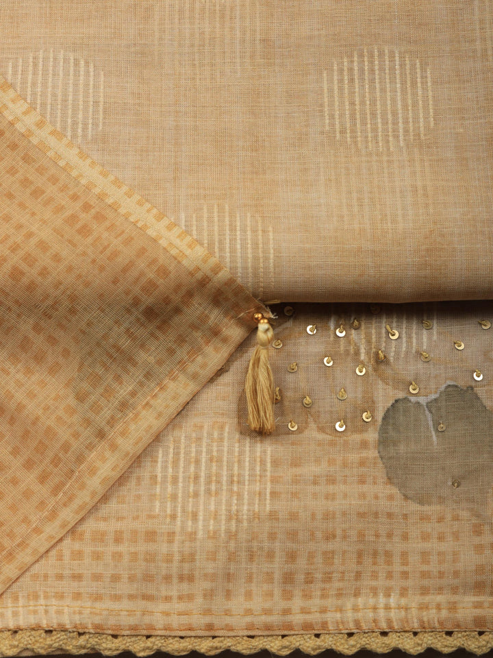 Beige Floral Print Linen Blend Unstitched Suit &amp; Pant With Linen Dupatta