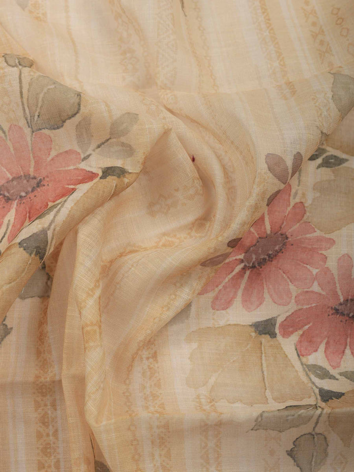 Beige Floral Print Linen Blend Unstitched Suit &amp; Pant With Linen Dupatta