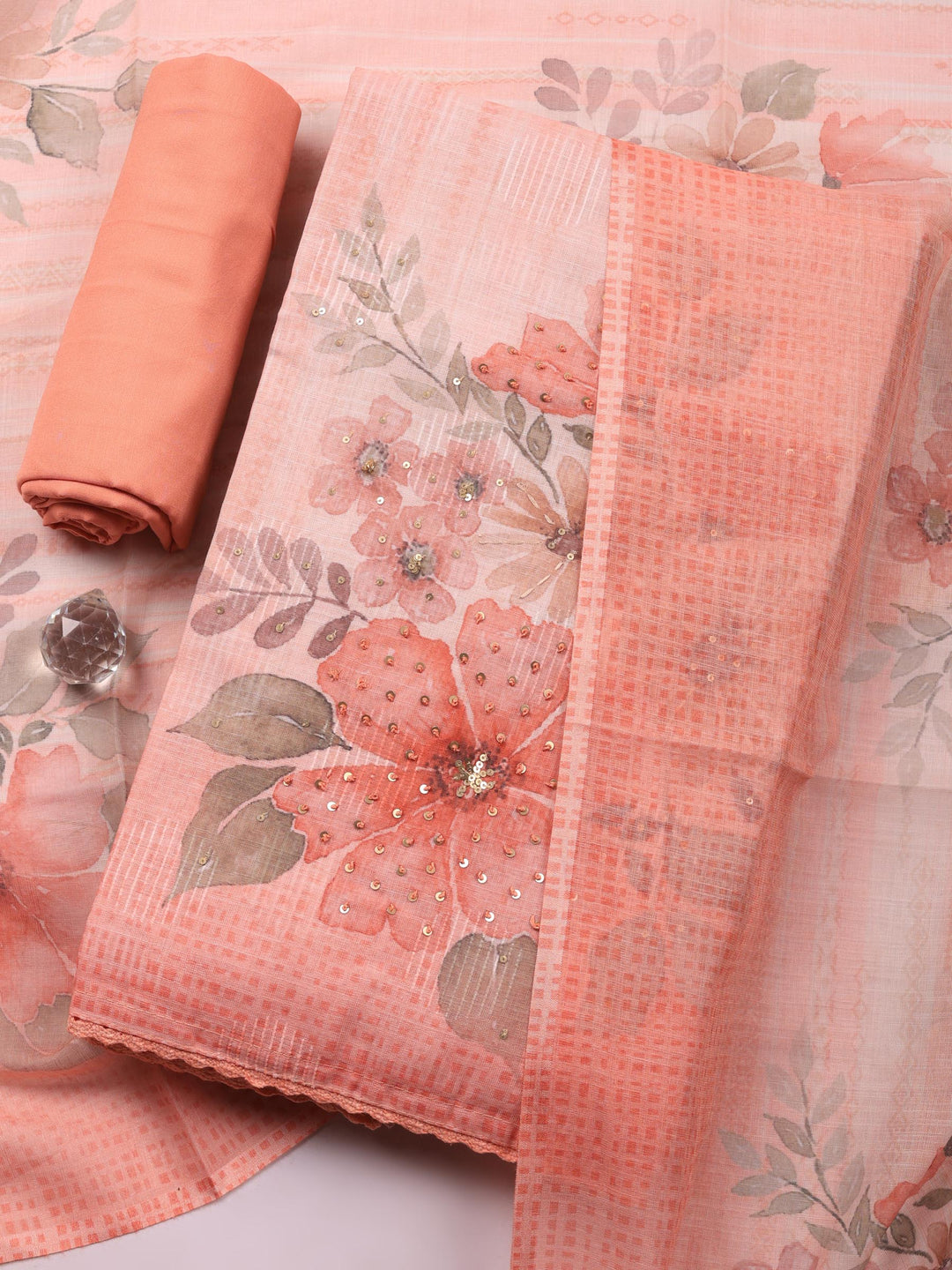 Peach Floral Print Linen Blend Unstitched Suit &amp; Pant With Linen Dupatta