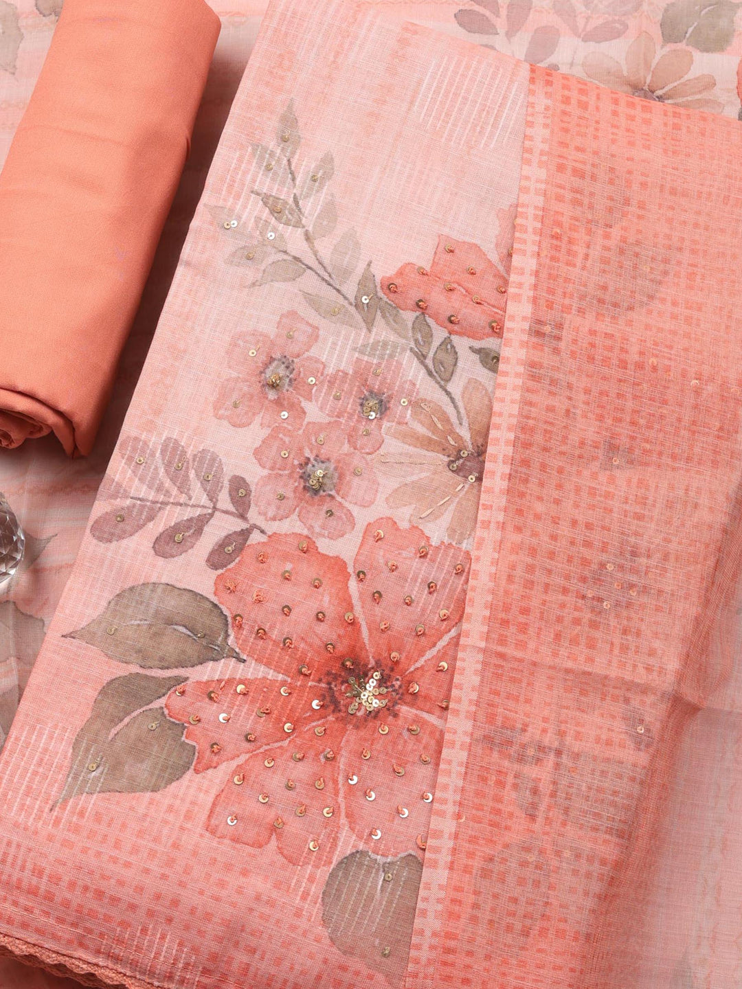 Peach Floral Print Linen Blend Unstitched Suit &amp; Pant With Linen Dupatta