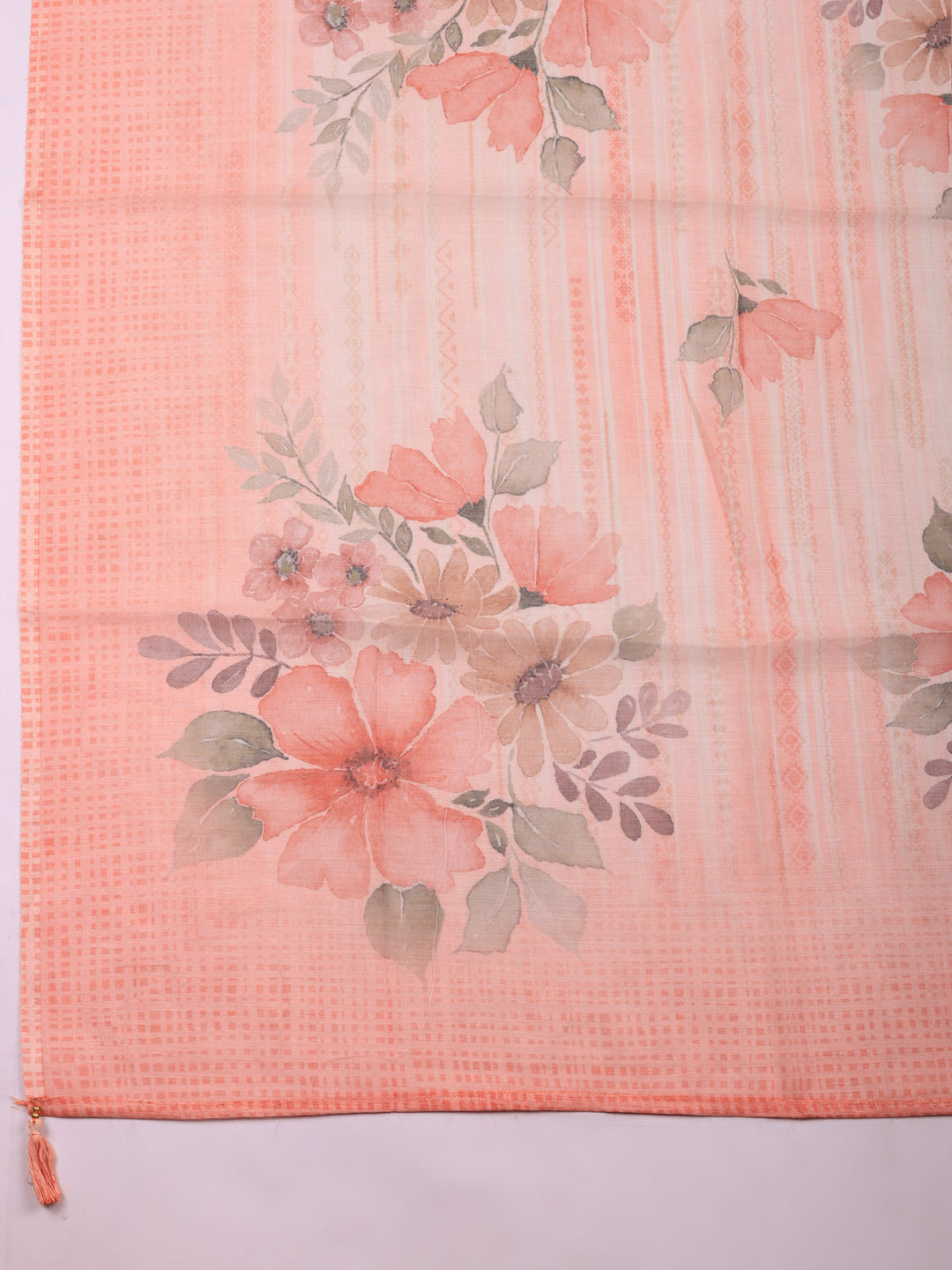 Peach Floral Print Linen Blend Unstitched Suit &amp; Pant With Linen Dupatta