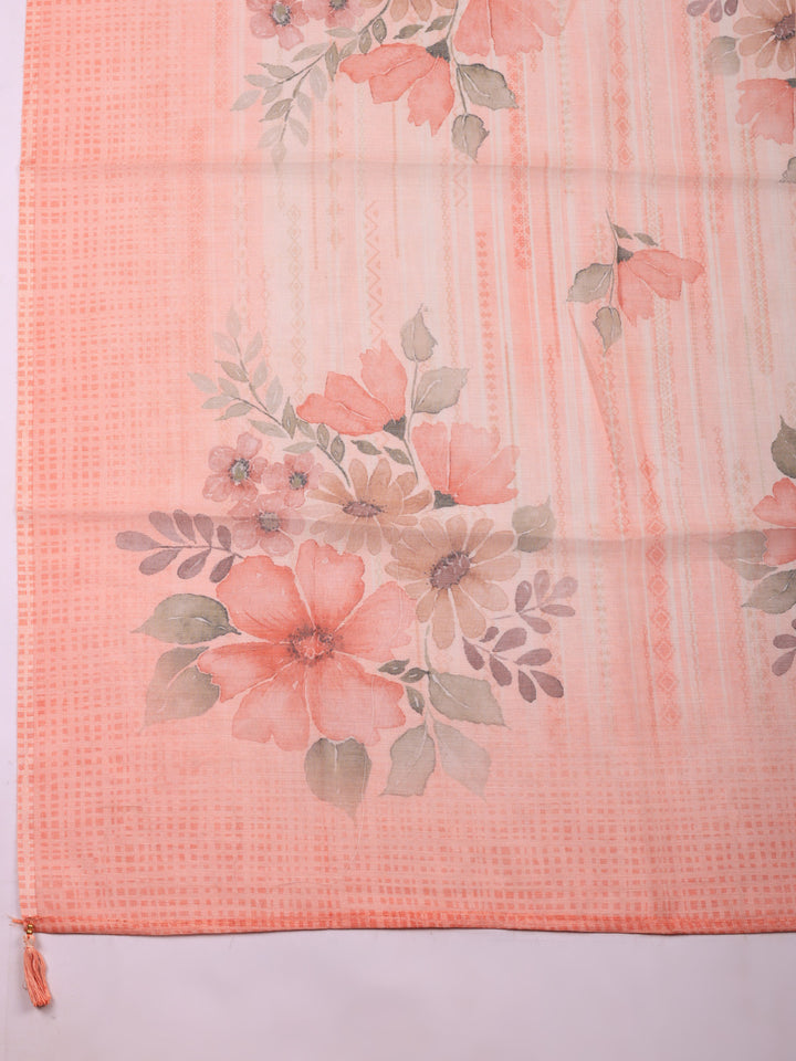 Peach Floral Print Linen Blend Unstitched Suit &amp; Pant With Linen Dupatta