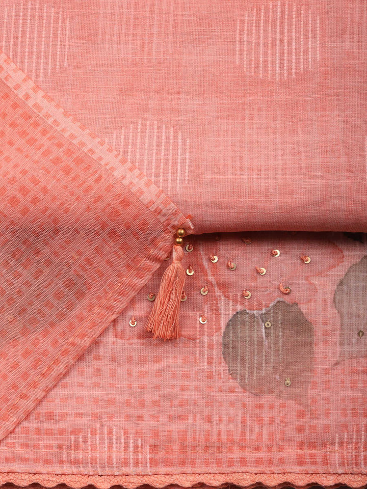 Peach Floral Print Linen Blend Unstitched Suit &amp; Pant With Linen Dupatta