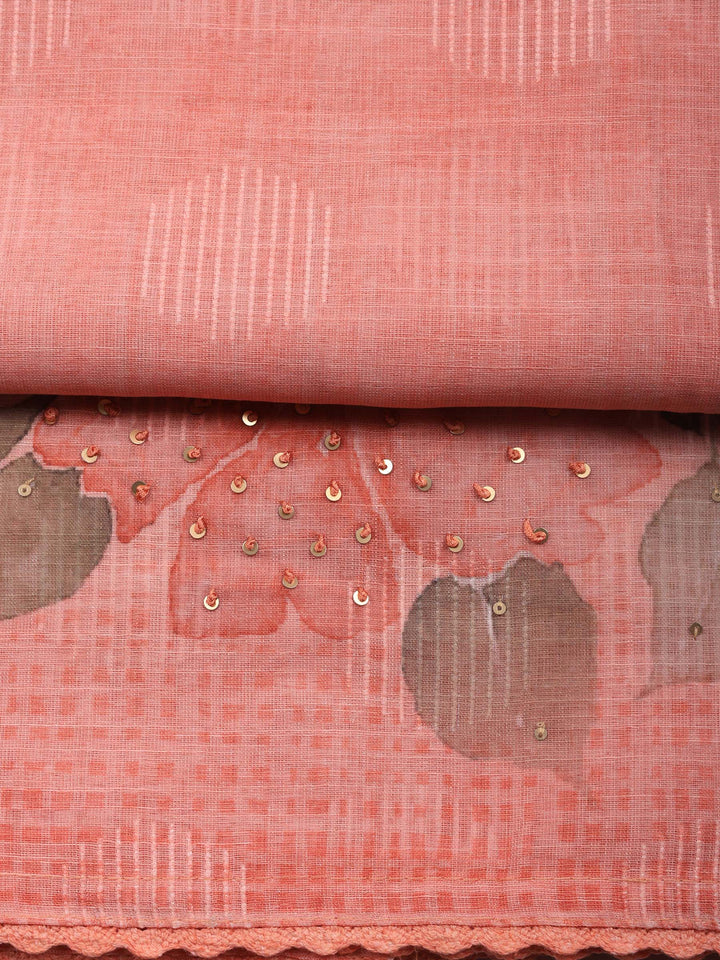 Peach Floral Print Linen Blend Unstitched Suit &amp; Pant With Linen Dupatta