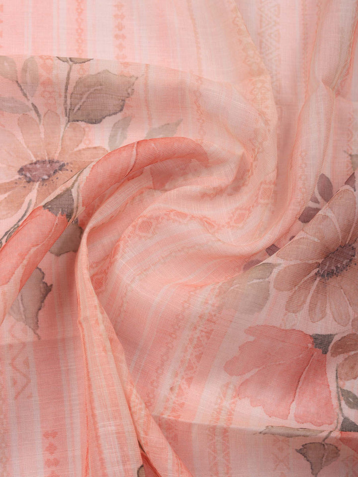 Peach Floral Print Linen Blend Unstitched Suit &amp; Pant With Linen Dupatta