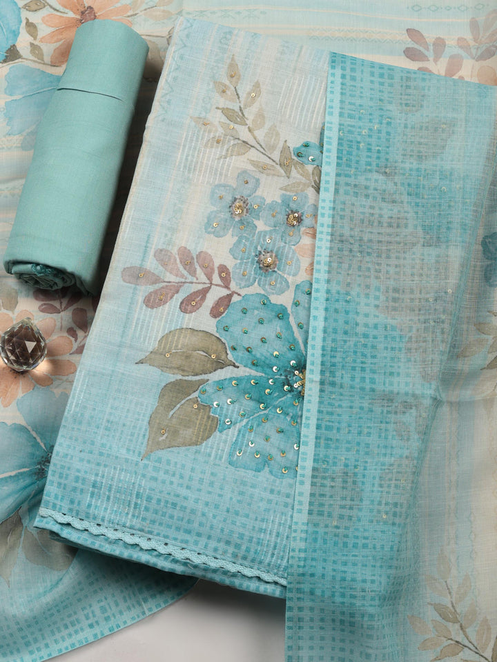 Sea Green Floral Print Linen Blend Unstitched Suit &amp; Pant With Linen Dupatta