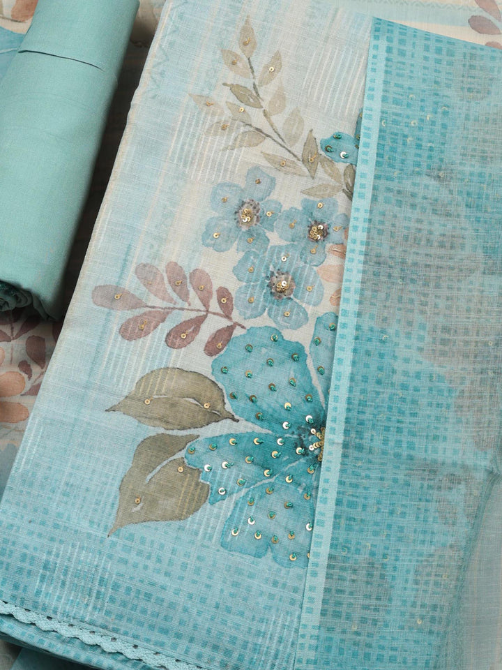 Sea Green Floral Print Linen Blend Unstitched Suit &amp; Pant With Linen Dupatta