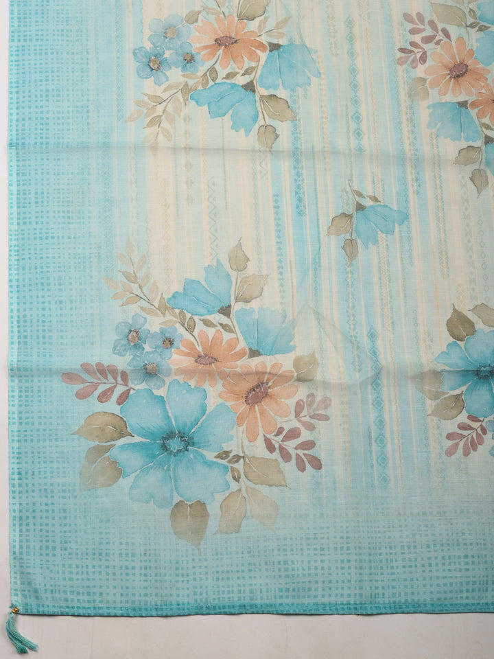 Sea Green Floral Print Linen Blend Unstitched Suit &amp; Pant With Linen Dupatta