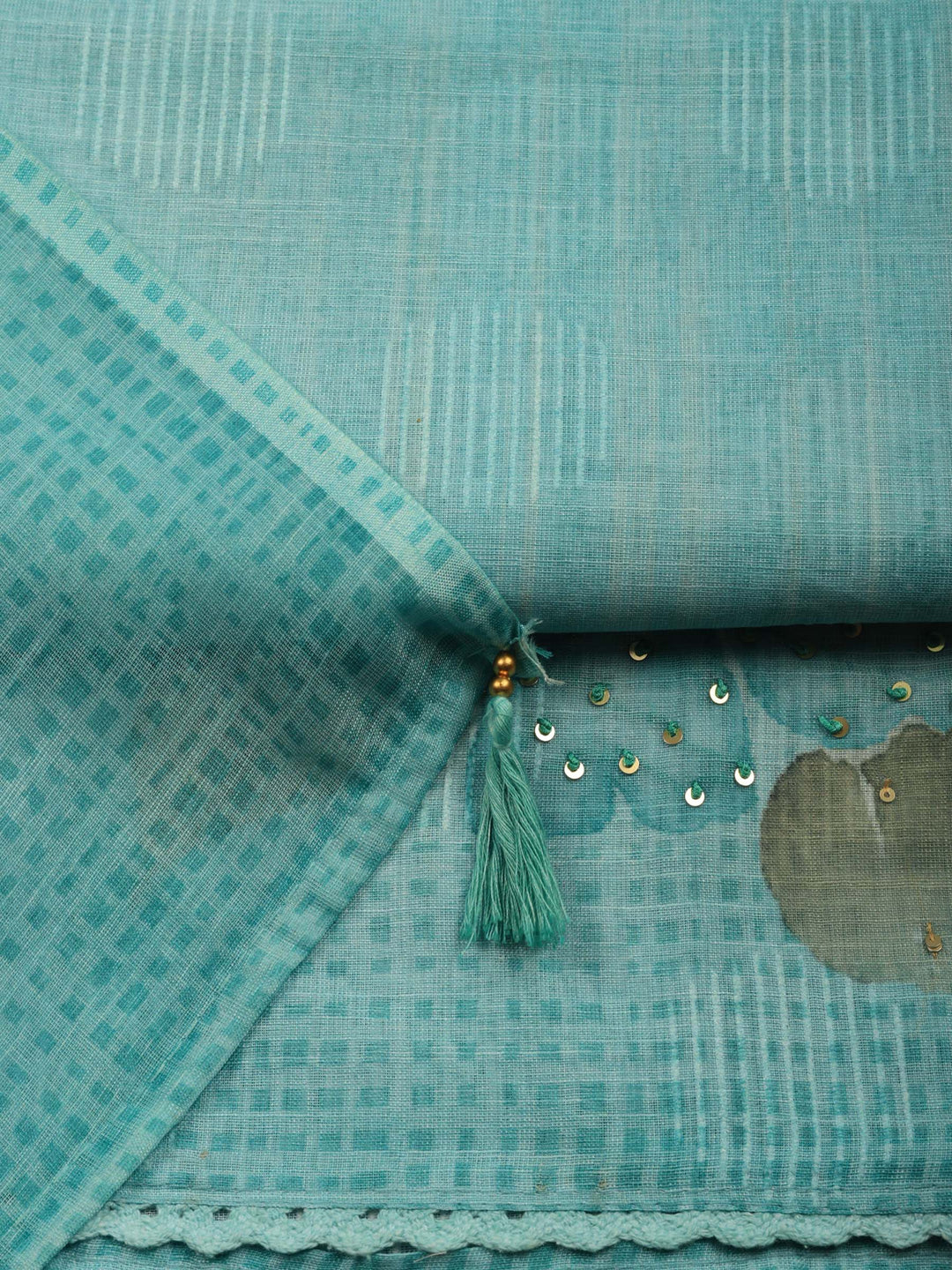 Sea Green Floral Print Linen Blend Unstitched Suit &amp; Pant With Linen Dupatta
