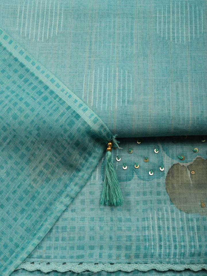 Sea Green Floral Print Linen Blend Unstitched Suit &amp; Pant With Linen Dupatta