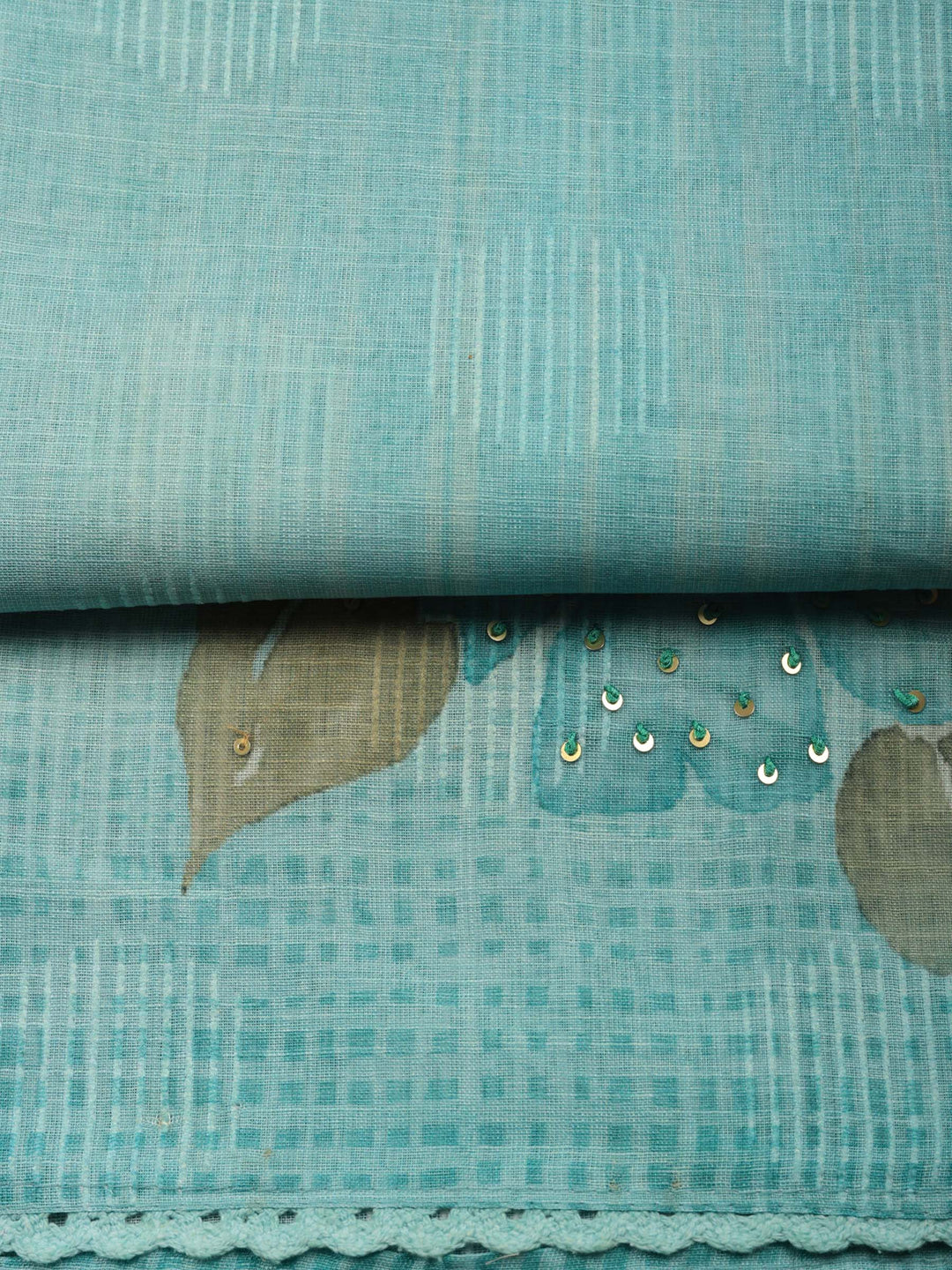 Sea Green Floral Print Linen Blend Unstitched Suit &amp; Pant With Linen Dupatta
