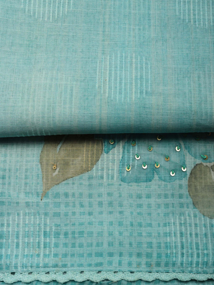 Sea Green Floral Print Linen Blend Unstitched Suit &amp; Pant With Linen Dupatta