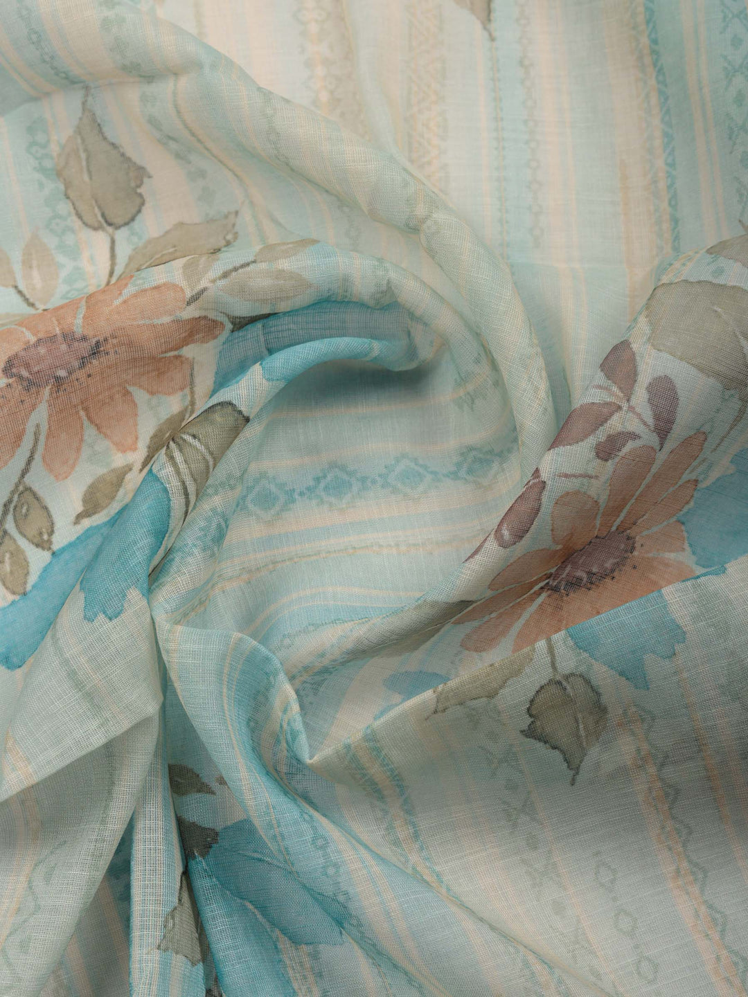 Sea Green Floral Print Linen Blend Unstitched Suit &amp; Pant With Linen Dupatta