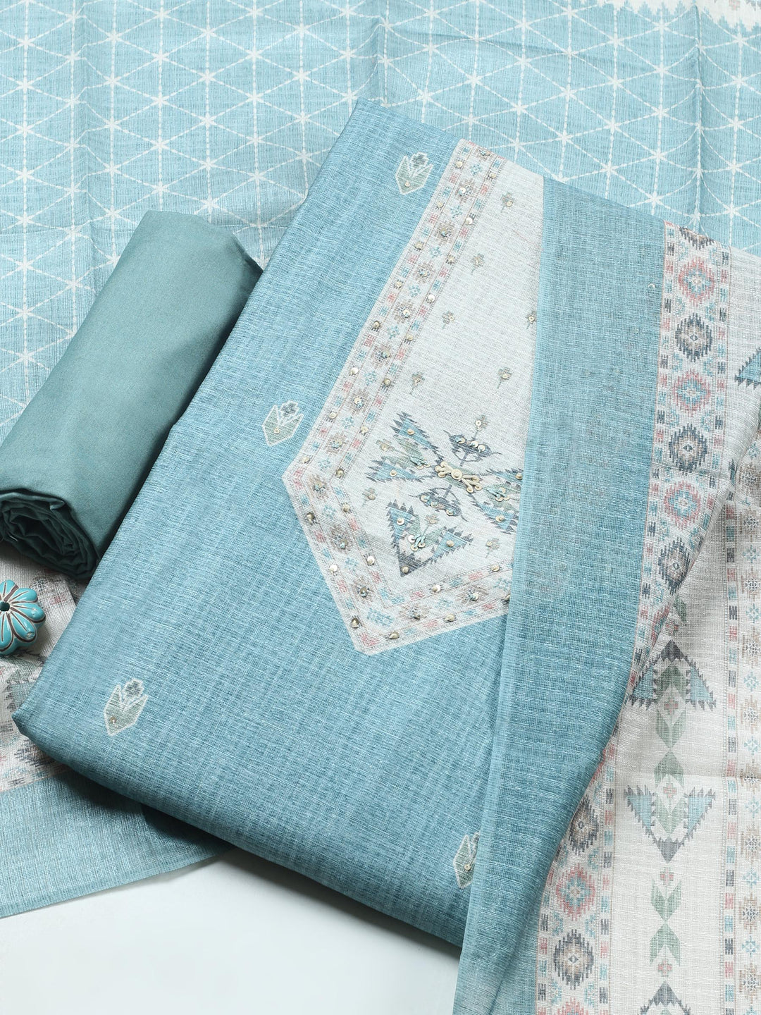 Aqua Blue Printed Chanderi Unstitched Suit &amp; Pant With Chanderi Dupatta