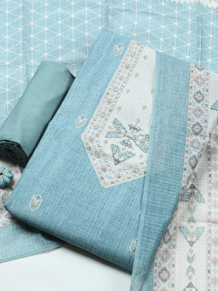 Aqua Blue Printed Chanderi Unstitched Suit &amp; Pant With Chanderi Dupatta