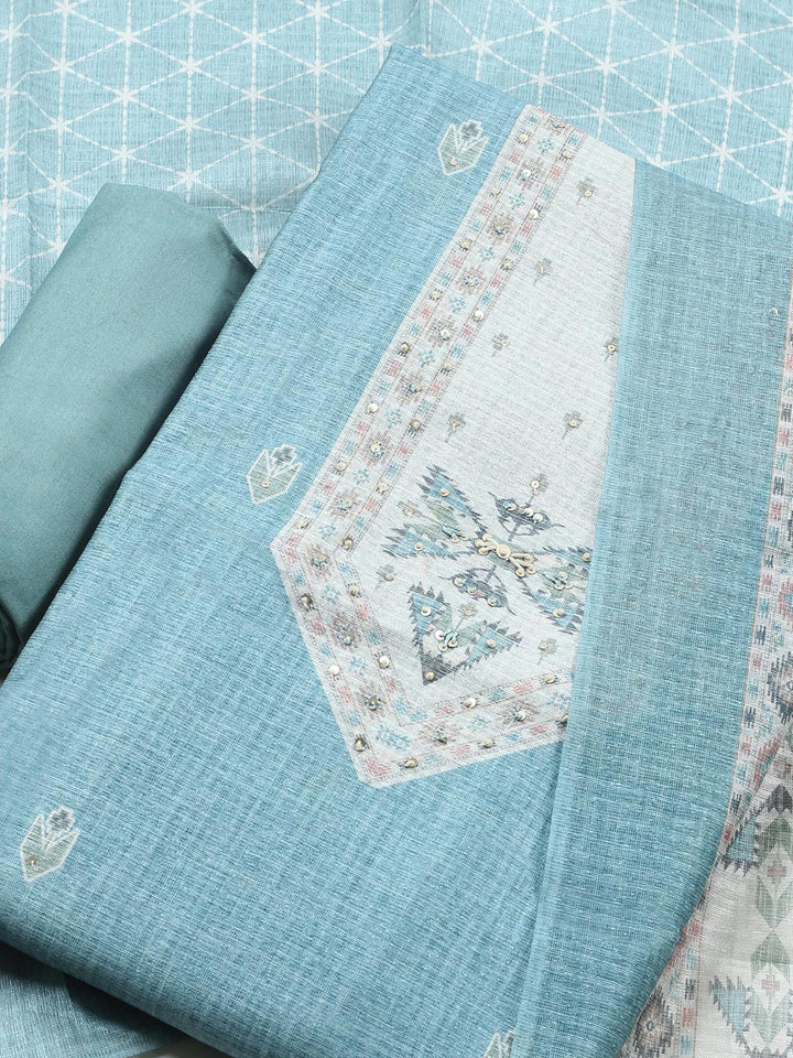 Aqua Blue Printed Chanderi Unstitched Suit &amp; Pant With Chanderi Dupatta
